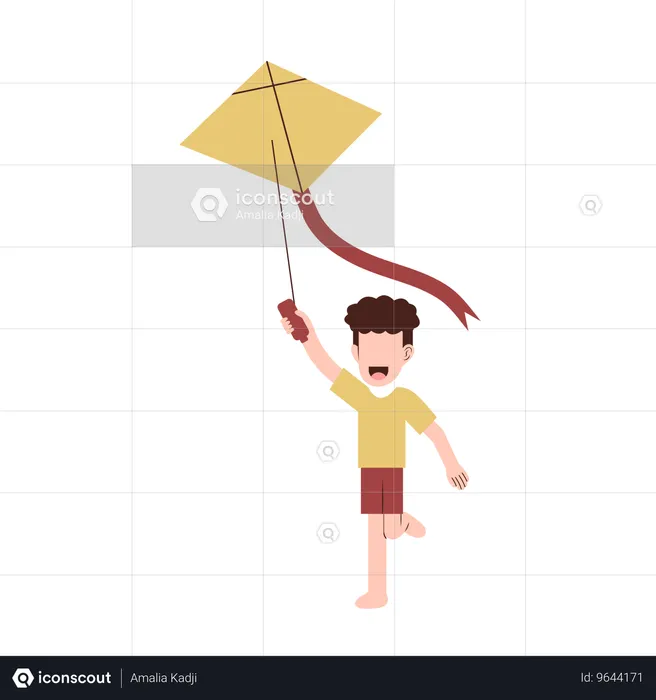 Boy flies kite in garden  Illustration