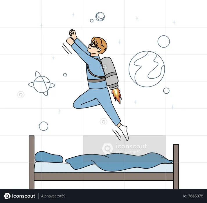 Boy flying high in galaxy  Illustration