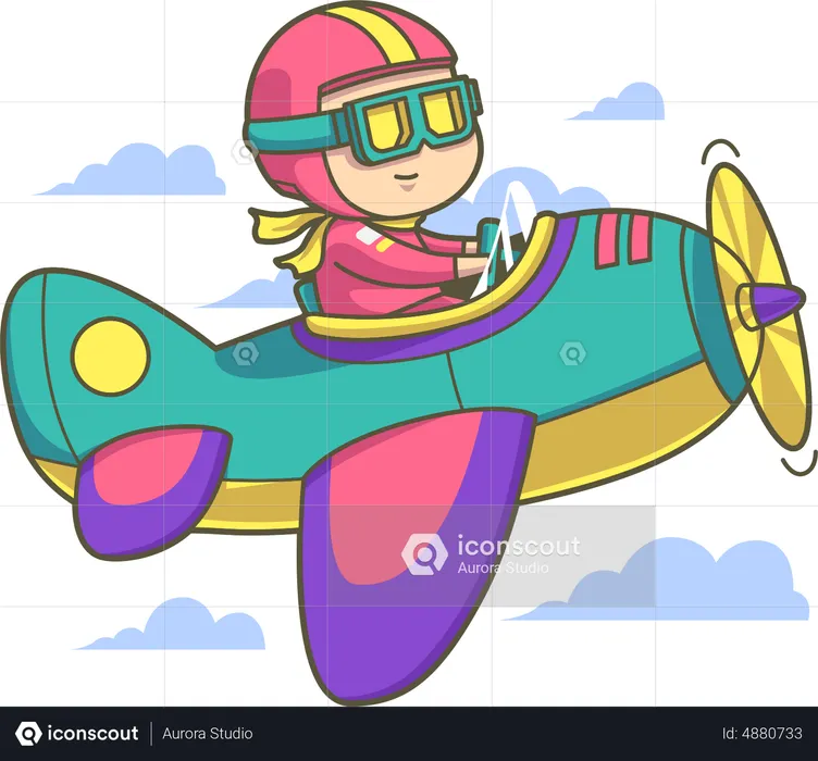 Boy flying plane in the sky  Illustration