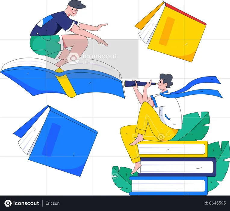 Boy flying with books and looking for opportunities  Illustration