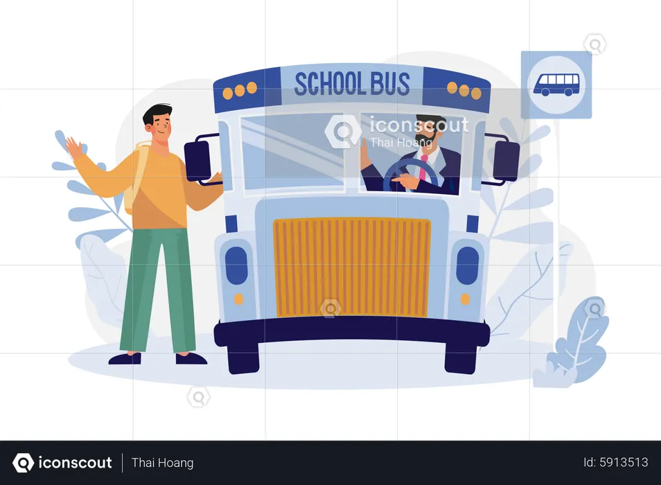 Boy Getting Into The School Bus  Illustration