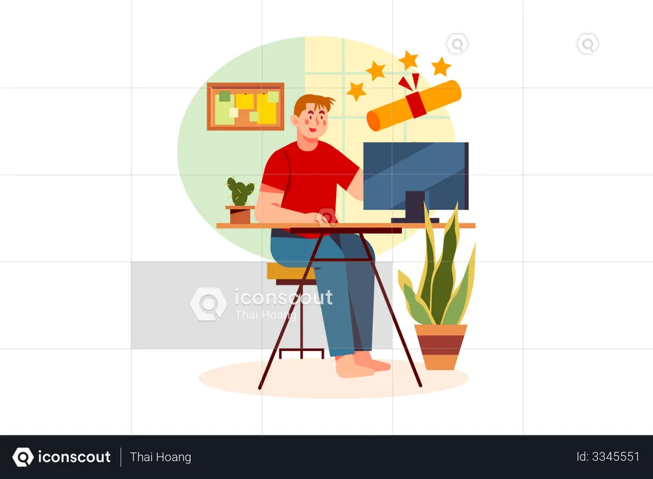 Boy getting online degree  Illustration