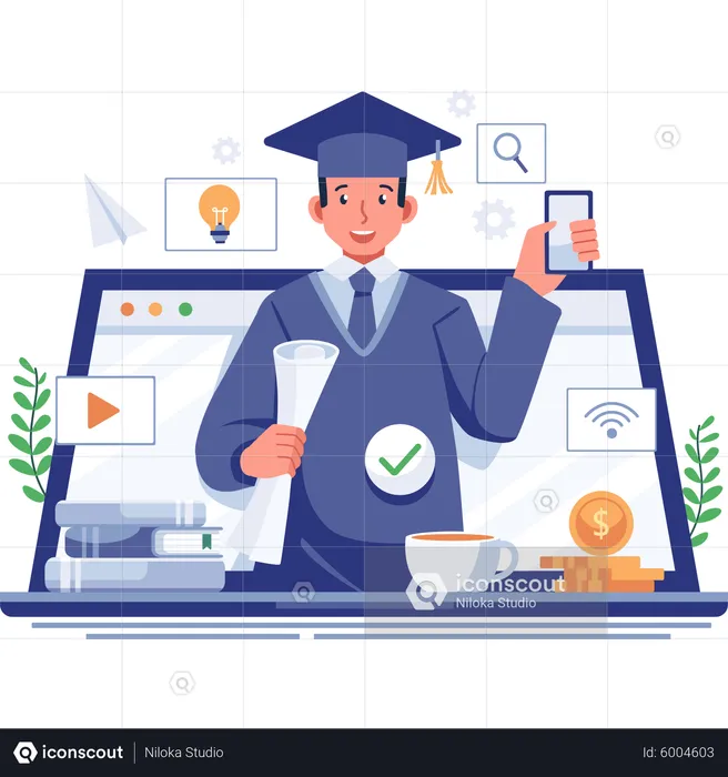 Boy getting online graduation  Illustration