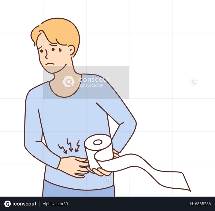 Boy getting stomach pain and holding tissue paper roll  Illustration