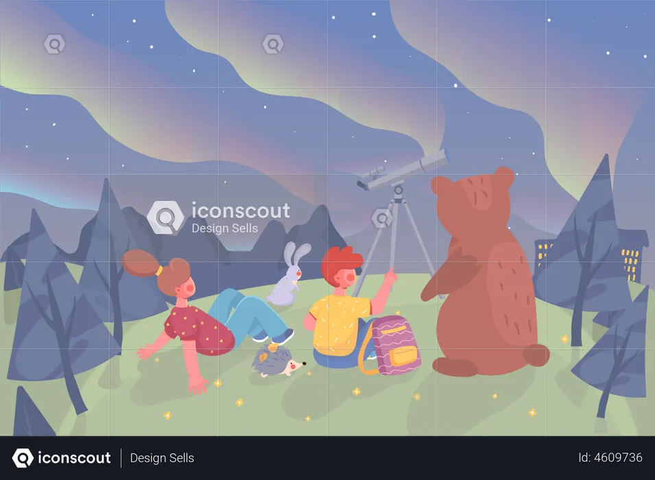 Boy, girl and cute animals looking at sky with northern lights sitting near telescope  Illustration