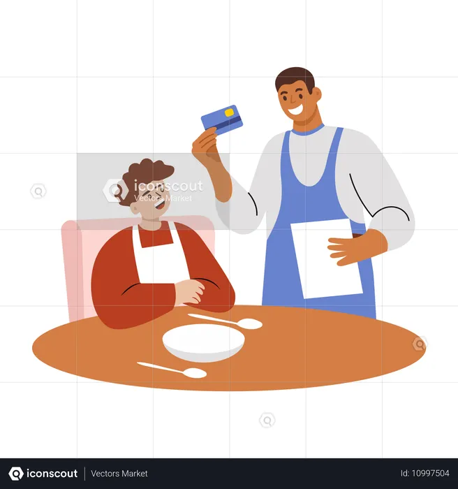 Boy give card for payment to restaurant waiter  Illustration