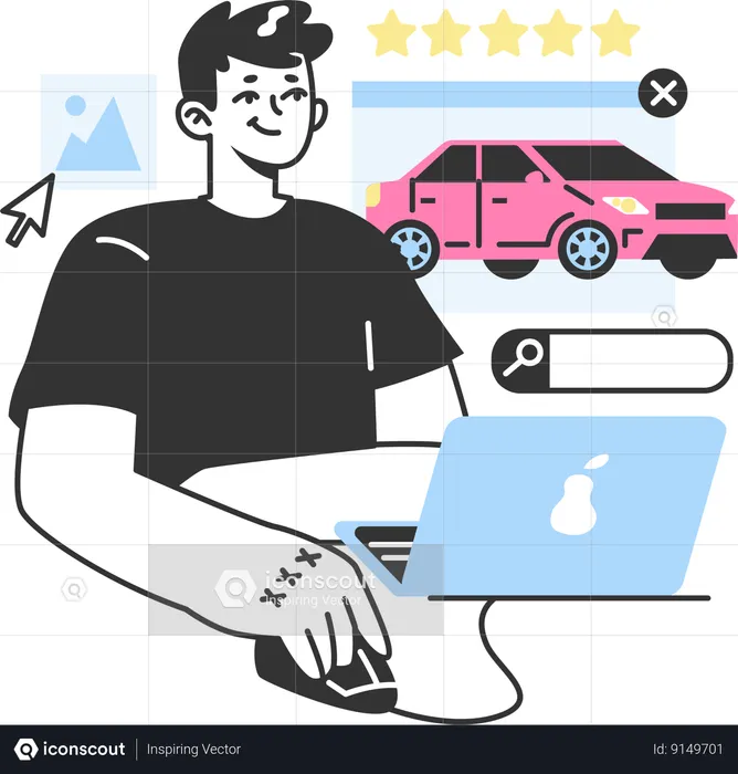 Boy gives rating to car rental agency  Illustration