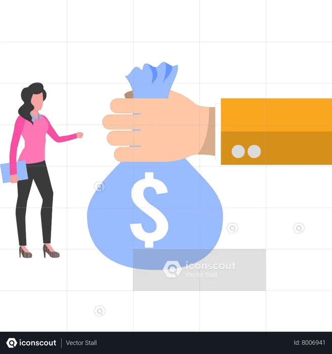 Boy giving bag of dollars to girl  Illustration