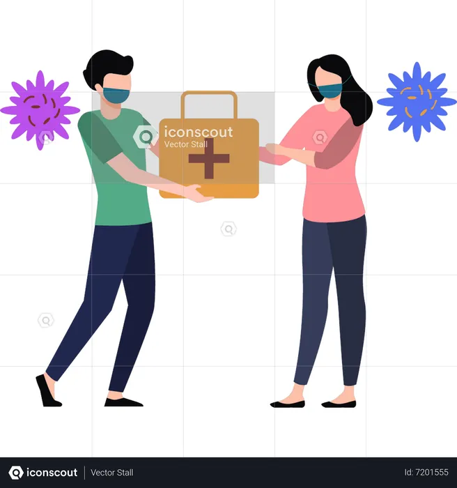Boy giving first aid kit to girl  Illustration