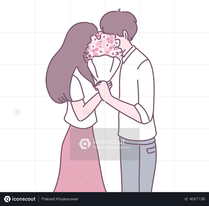 Boy giving flower bouquet to girl  Illustration