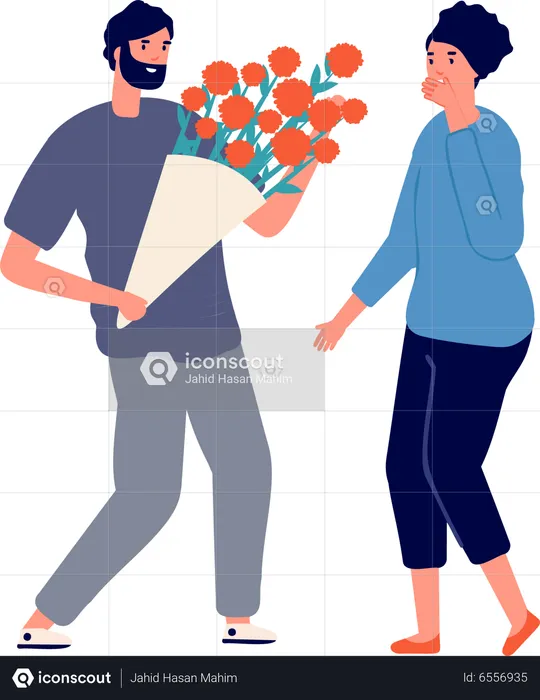 Boy giving flower bouquet to girlfriend  Illustration