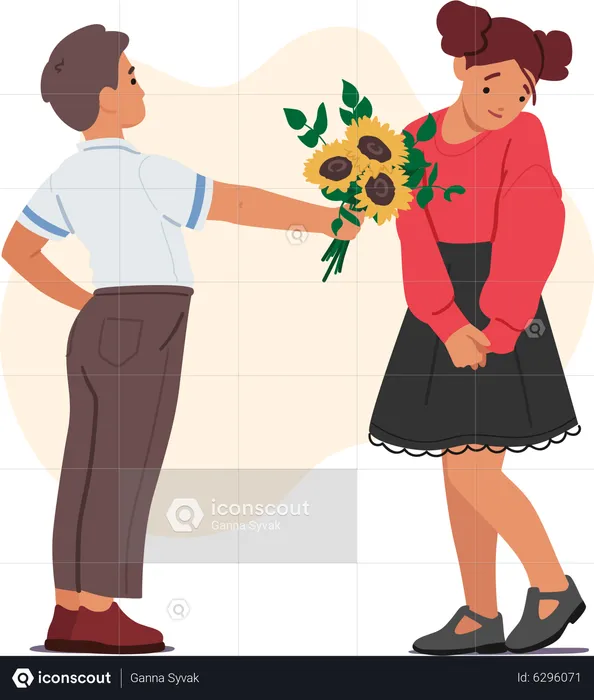 Boy Giving Flowers to Girl Friend  Illustration