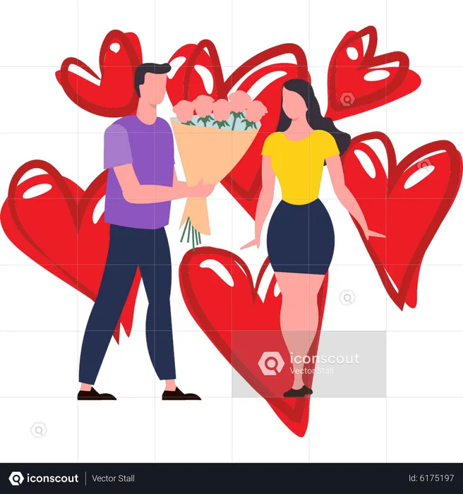 Boy giving flowers to girl on Valentine's Day  Illustration