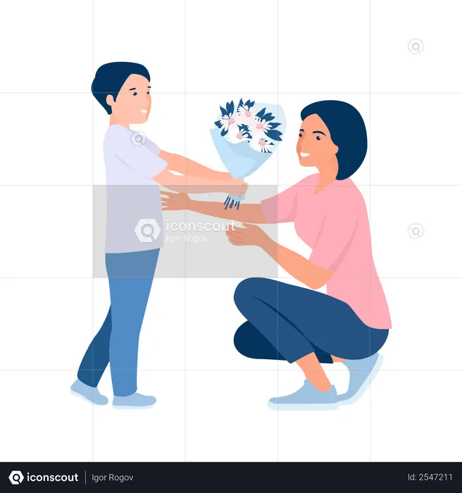 Boy giving flowers to his mother  Illustration