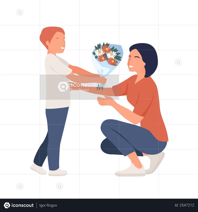 Boy Giving flowers to mom on Mother day  Illustration