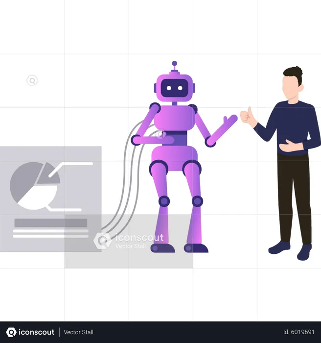 Boy giving instructions to robot  Illustration