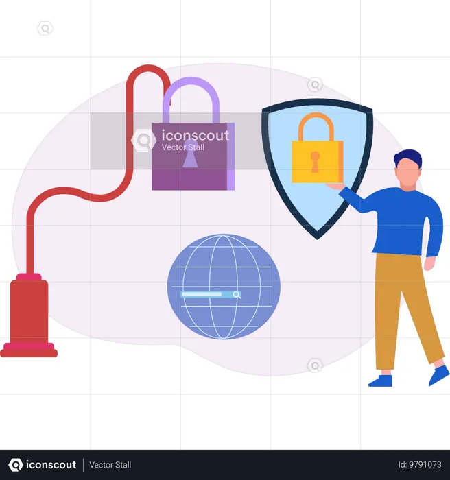 Boy giving out global security lock  Illustration