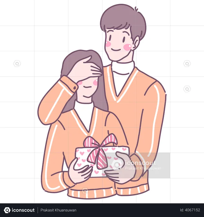 Boy giving surprise gift to girlfriend  Illustration