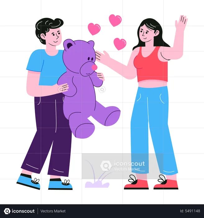 Boy giving teddy bear to girlfriend  Illustration