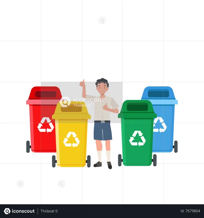 Boy giving thumb up while explaining about color of recycle bin  Illustration