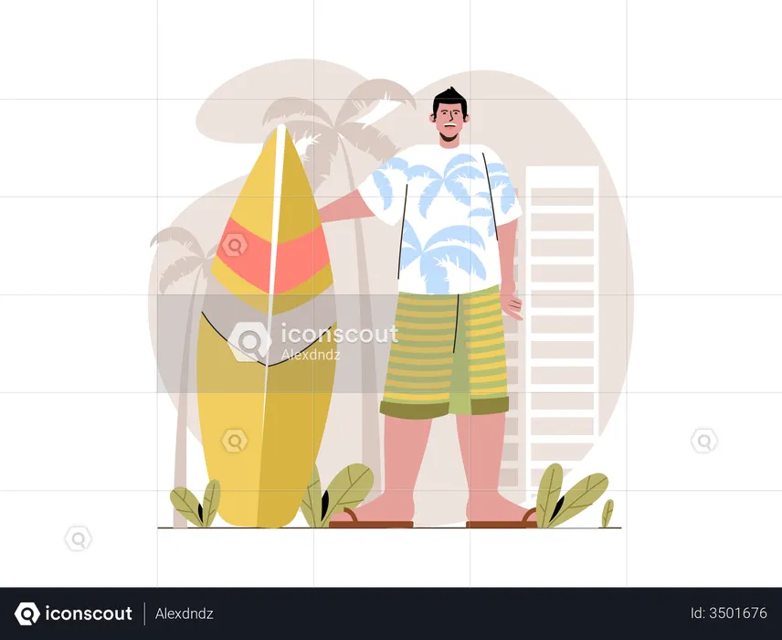 Boy going for surfing at beach  Illustration