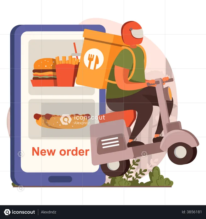 Boy going on scooter for online food delivery  Illustration