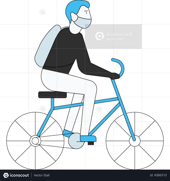 Boy going school on bicycle with face mask  Illustration