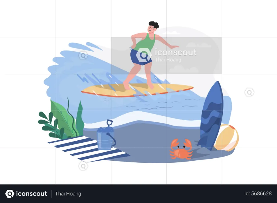 Boy Going Surfing At The Beach  Illustration