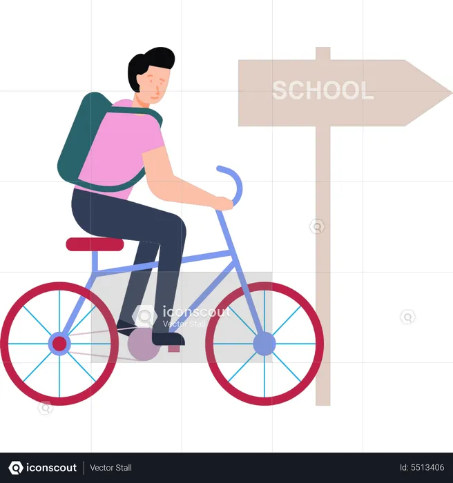 Boy going to school on bicycle  Illustration