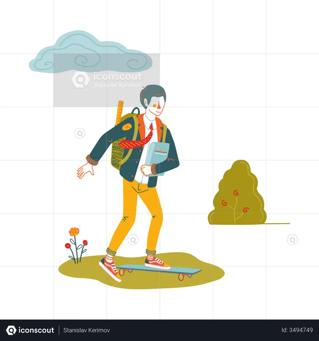 Boy going to school on skateboard  Illustration