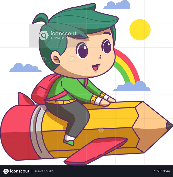 Boy going to school while sitting on rocket  Illustration