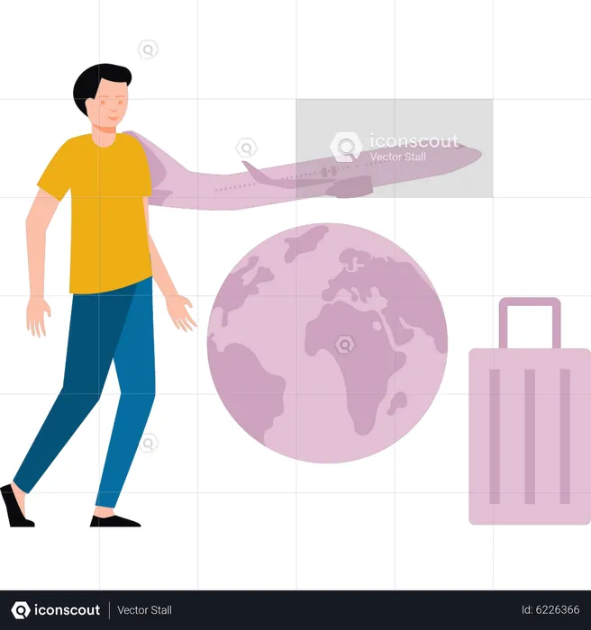 Boy going to travel on flight with suitcase  Illustration