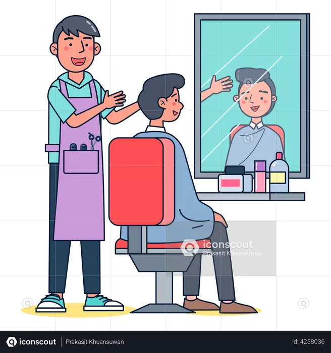 Boy hairdresser getting hair cut  Illustration