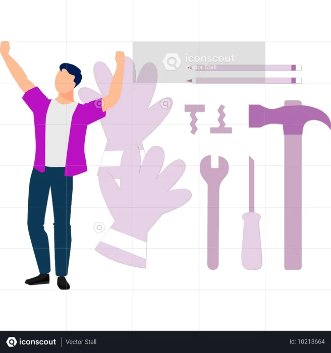 Boy happy with construction tools  Illustration