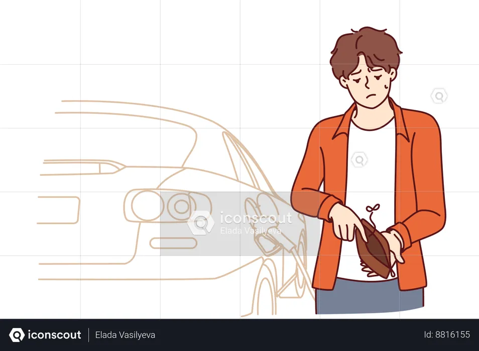 Boy has no money for car fuel  Illustration