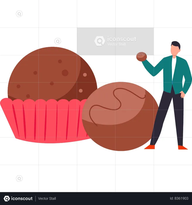 Boy have a chocolate muffin and biscuit  Illustration