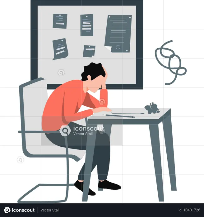 Boy having headache and worried about job  Illustration