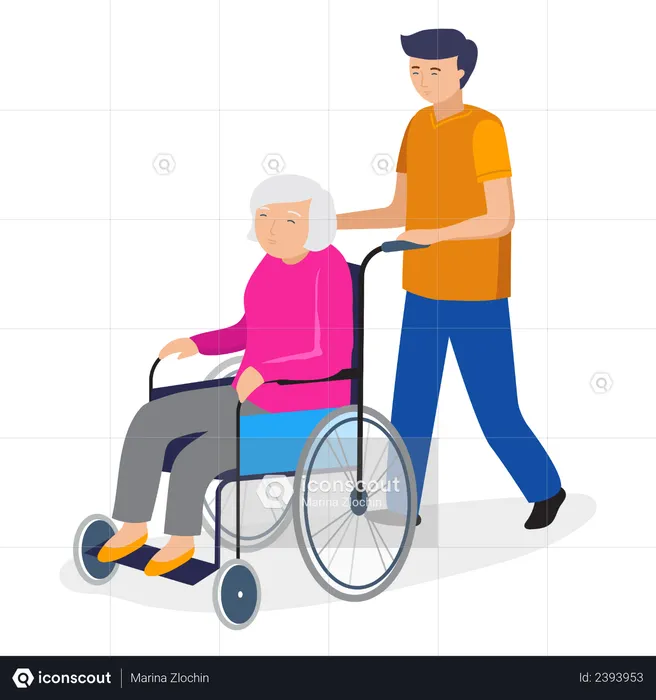 Boy helping old aged woman with wheelchair  Illustration