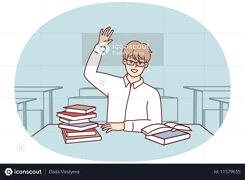 Boy high school student sits at desk with textbooks and workbooks and pulls hand up  Illustration