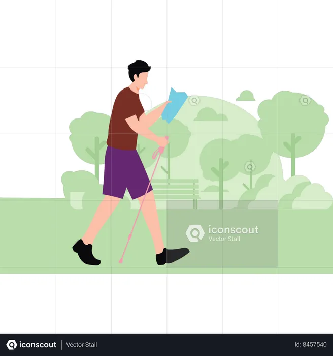 Boy hiking in forest with stick  Illustration