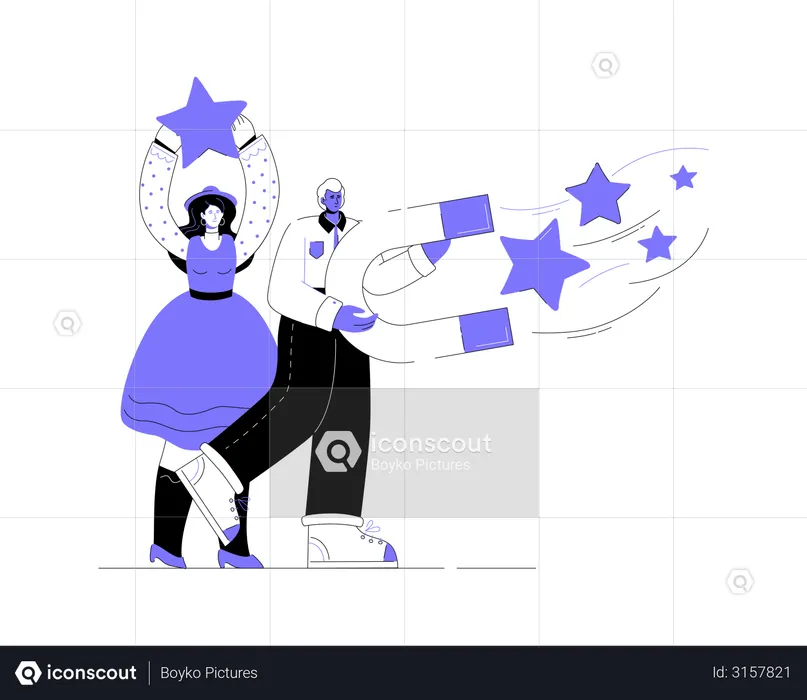 Boy holding a big magnet, girl holding a star, collecting likes  Illustration