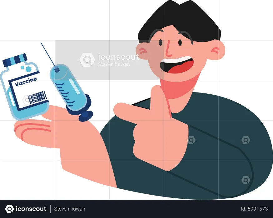 Boy holding a vaccine vial & injection  Illustration