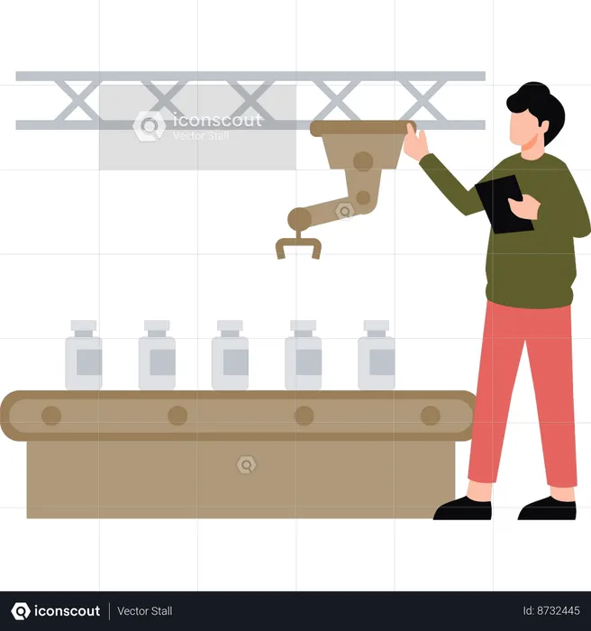 Boy holding bottles using conveyor  Illustration