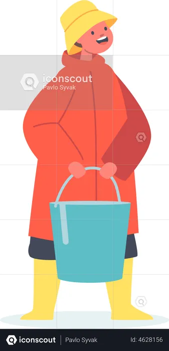Boy holding bucket for fishing  Illustration