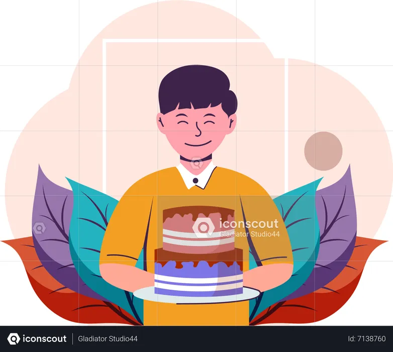 Boy holding cake  Illustration