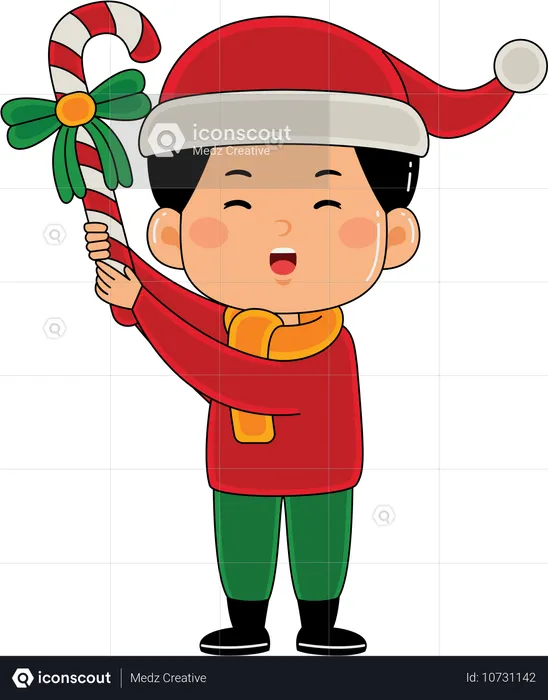 Boy holding candy cane stick  Illustration