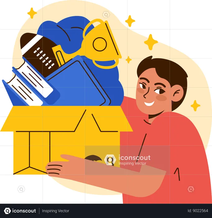 Boy holding carton box Of toys  Illustration