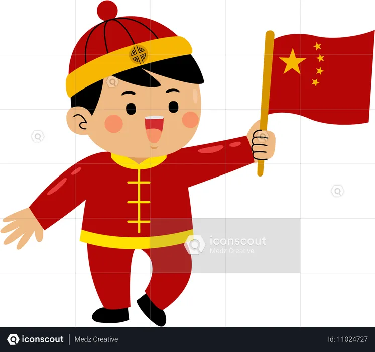 中国の国旗を持つ少年  イラスト