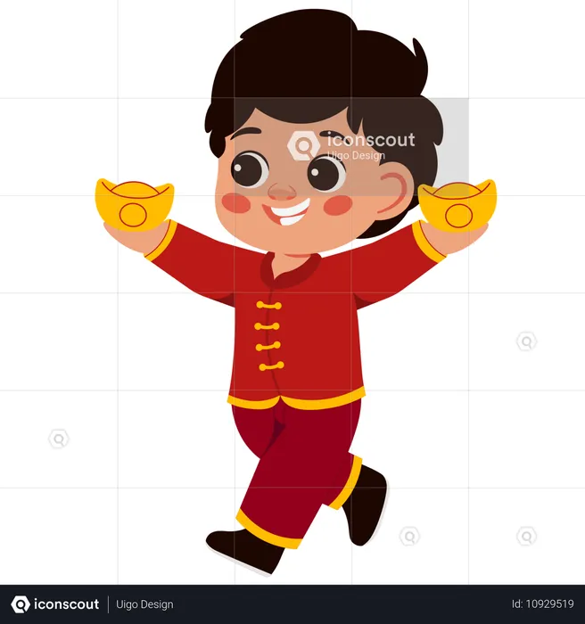 Boy holding Chinese Golden stamps  Illustration