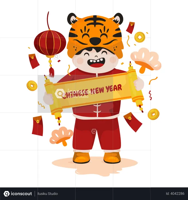 Boy Holding Chinese new year banner  Illustration